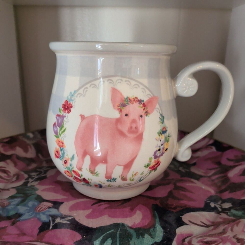 Pioneer Woman 16 Oz. Grey Gingham Country Farm Pink Pig Design Pot Belly Mug EUC